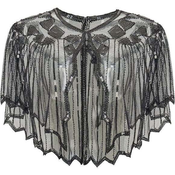 Women Sequin Beaded Evening Cape 1920s Shawl  Wraps (Black) - Picture 1 of 6